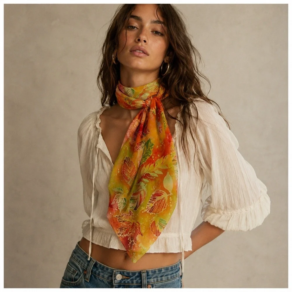 Batik Leaf Silk Scarf Womens Orange Green Fall Boho Chic Artsy Statement Vintage